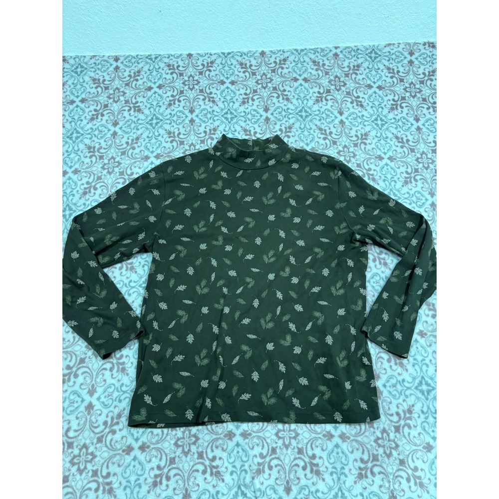 Croft & Barrow Womens Large Green Leaf Print Mock Neck Long Sleeve Cotton Top